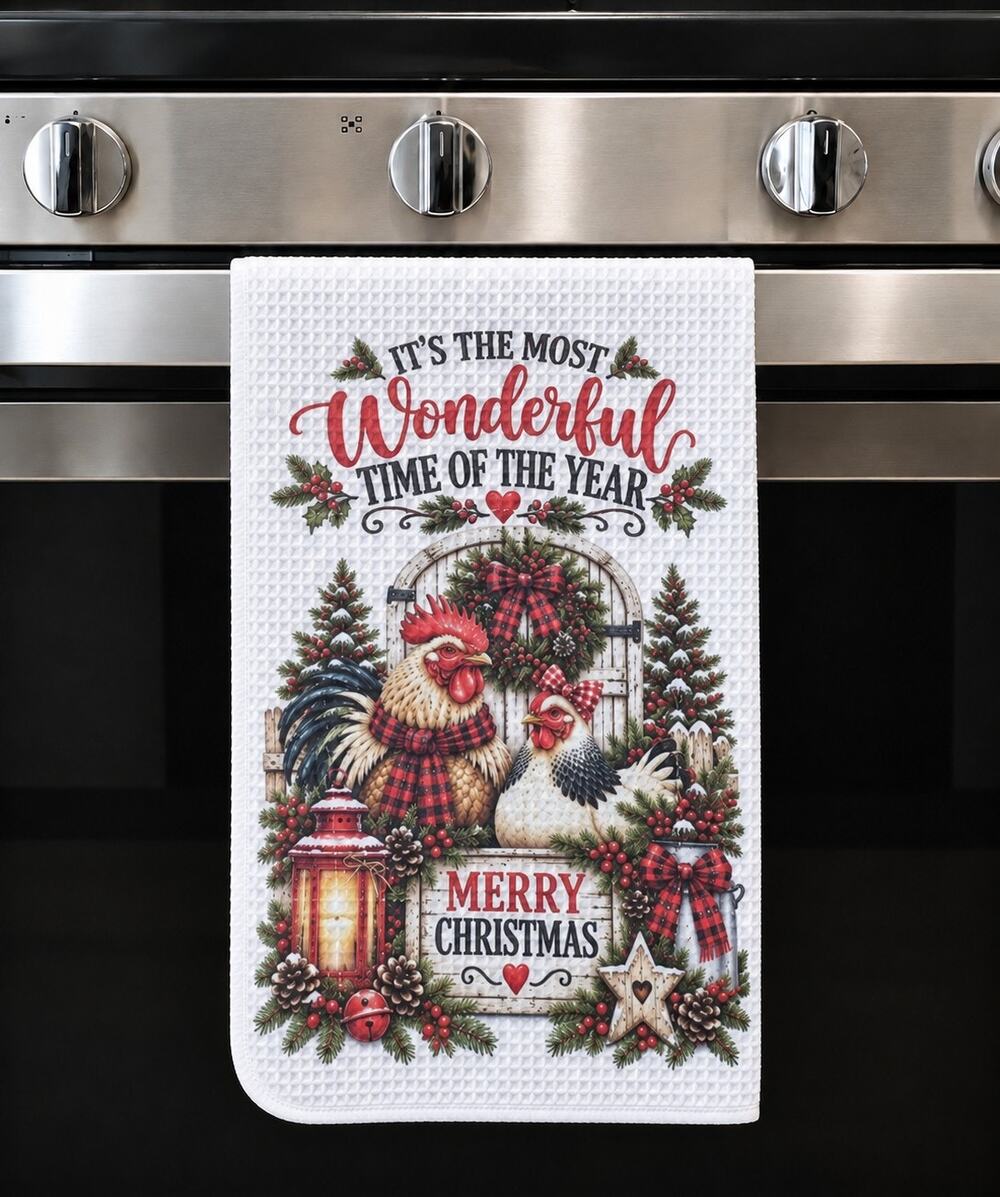 Wonderful Time of the Year Christmas Chicken Farmhouse Kitchen Towel